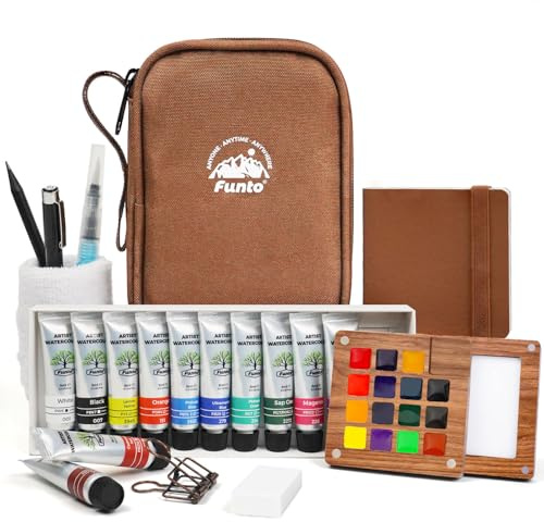 Funto Mini Aquarell Reise-Set, 12-Farben Nachfüllbares Kunst-Reise-Set, All-in-One Mini-Malbedarf mit Tasche, Malutensilien für alle Könnerstufen