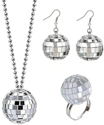 AUGTYRLV 3 Stück Silvester Ohrringe Disco Ohrringes Disco Schmuckset Damen Silber Discokugel Ohrringe Halskette Ring Retro 70er Jahre Spiegelkugel Accessoires für Karneval Party Festival