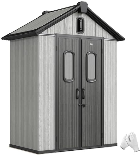 Outsunny Casetta da Giardino 1.3m² in Plastica con Pavimento, Telaio Metallo, Capanno da Giardino Porta Attrezzi con Prese d'Aria, 2 Finestre, Doppia Porta Bloccabile, Tetto Inclinato, Grigio