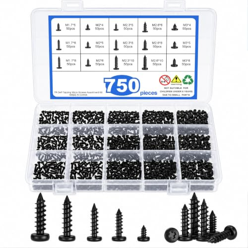 Wavanta 750Pcs Small Self Tapping Screws Assortment Kit, M1.7 M2 M2.3 M2.6 M3 Phillips Pan Head Black Carbon Steel Micro Screws for Plastic, Metal, Electronics, RC Cars and DIY