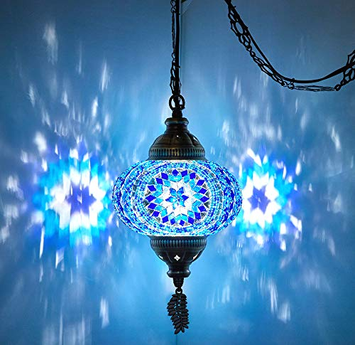 DEMMEX Lampada a sospensione a mosaico turco marocchino, lampada da soffitto con catena da 4,5 metri e spina, fatta a mano, prodotta in Turchia, Blu