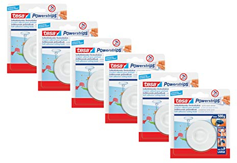 tesa Powerstrips Deckenhaken/Drehbarer Haken aus hochwertigem Kunststoff zum Kleben/Bis 0,5kg / Rüchkstandslos entfernbar (6x 58029-00020-04)
