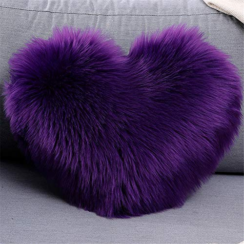 Martin Kench Herzkissen, Schaffell Lammfell Kunstfell Langhaar Zierkissen, Faux Lammfell Schaffell Kissen Dekokissen Zierkissen für Sofa Bett (Violett)