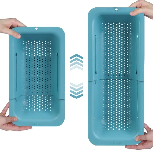 BLUE GINKGO Over The Sink Colander Strainer Basket - Wash Vegetables and Fruits, Drain Cooked Pasta - Extendable - Kitchen Essentials (7.9 W x 14.5-19.5 L x 2.75 H) - Teal