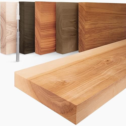 LAMO Manufaktur Schweberegal Holz mit unsichtbarer Befestigung | Wand Regal 60cm breit für Badezimmer, Flur, Küche | Farbe: Natur, Kante: gerade | Massivholz, modernes Design, Schwebende Optik