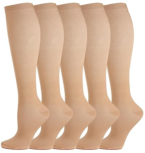 5 Paar Kompressionsstrümpfe Kniestrümpfe Stützstrümpfe Laufsocken für Damen & Herren, Sport, Laufen, Flug, Reisen, Schwangerschaft, Medizinische Kompressionssocken (L, Braun)