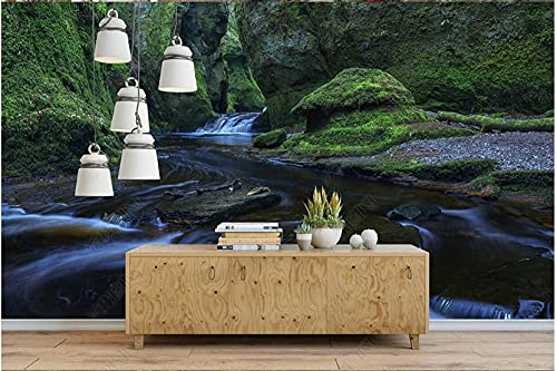 Fototapete 3D Effekt Vliestapete Tapeten Grünes Moos Berggipfel Wasserfall Fluss Naturlandschaft Fototapete Wandtapete Wallpaper Wandbilder 430x300cm