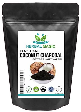 Herbal Magic Activated Coconut Charcoal Powder Food Grade Quality Excellent Detoxifying, Cleansing Properties Naturally Supports Skin, Body Care & Oral Care,UKAS LAB Tested in The UK-100g
