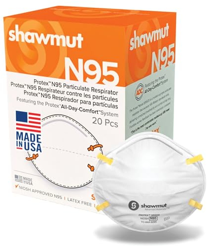 Shawmut Protex™ N95 Mask, Made in the USA NIOSH Approved, Particulate Respirators, Protective Face Mask for Dust, Construction, Medical, 1 Pack of 20 (Approval Number TC-84A-9295 / Model SR9520)