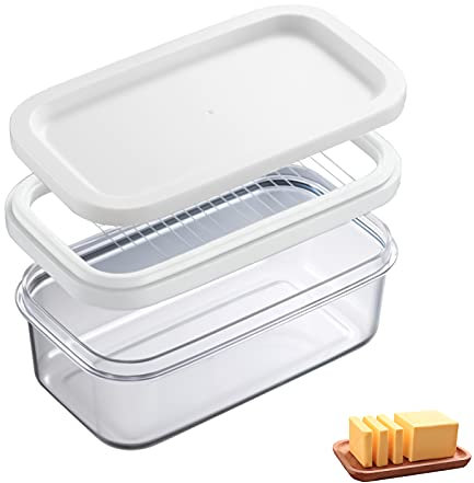 Mantequillera pequeña con tapa sellada, mantequera con cortador de acero inoxidable para cortar fácilmente, caja transparente para el hogar y la cocina (2 rejillas)