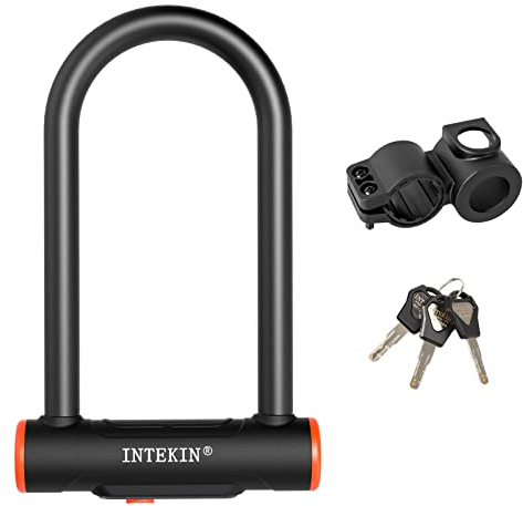 INTEKIN Lucchetto a U per biciclette e moto ad alta sicurezza, 16 mm Staffa, Lucchetto per Bicicletta con supporto, arco rinforzato, 3 chiavi, resistenza agli attacchi