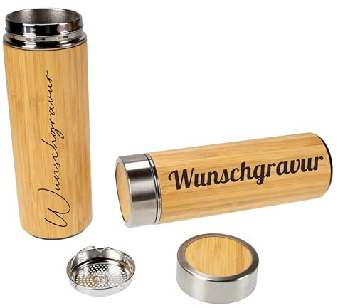 Bambus Thermosflasche Teeflasche mit Sieb inkl. Wunschgravur, personalisierbare Trinkflasche doppelwandig