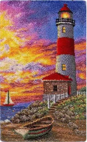 Knüpfteppich Zum Selber Knüpfen Leuchtturm Tapisserie Teppich Knüpf-Sets Kreuzstich Set Knüpfen Set Für Kinder Und Erwachsene DIY Handwerk Geschenke Fußabtreter,52 x 35cm