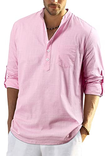Enlision Uomo Camicia in Lino di Cotone Manica Lunga Henley Shirt con Bottoni Casual Hawaii in Tinta Unita Maglietta T-Shirt da Uomo per Interni Spiaggia Hippie