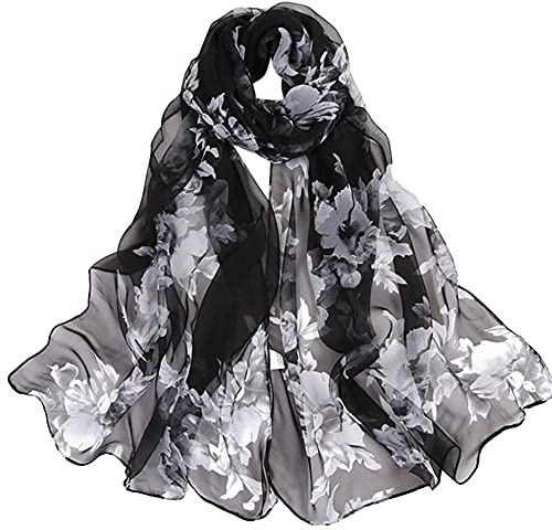Damen Schal Chiffon - Floral Print Blumenmuster Sommer Scarves Bunt Stola Halstuch Tuch Seidenschal Scarf