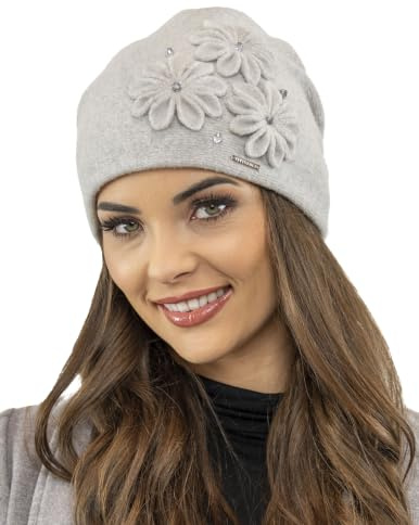 VIVISENCE Damen Wintermütze Wolle Blumenapplikation Warm Antistatisch 7053