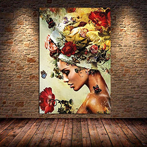 HOLEILUCK Moderne abstrakte Blume Schmetterling Frau Leinwand Gemälde Drucke Cuadros Wandkunst gerahmt für Wohnzimmer Wohnkultur 75x90cm/30x35in mit Rahmen