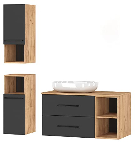 Planetmöbel Juego Completo de Muebles de baño de 4 Piezas, 100 cm, con Lavabo y 2 armarios Midi en los Colores Dorado Roble/Antracita
