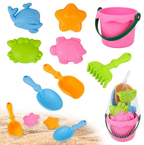 Beach Toys Set for Kids, 8 Pcs Kids Sand Bucket Toys for Summer Outdoor Fun | Sand Spit Toys Set with Bucket, Shovels and Sea Animal Soft Molds, Outdoor Fun Tools Toddler Children Boys Girls, Pit, Pink