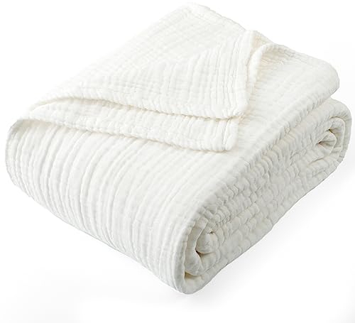 Carriediosa 100% Cotton Muslin Throw Blanket 70 X 80 Twin Size，4-Layers Summer Gauze Throws for Bed Couch，Soft Lightweight Breathable Linen Blankets Bedspread for Adults All Season，White