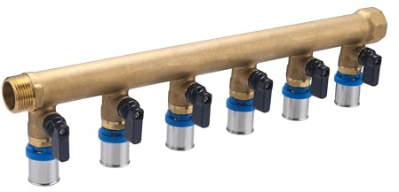Colector macho-hembra 3/4 con 6 salidas multicapa a prensar Ø20 y válvulas | Latón | Conexión segura, duradera y precisa | Ideal para fontanería | Fácil instalación | QUICK PLOMBERIE