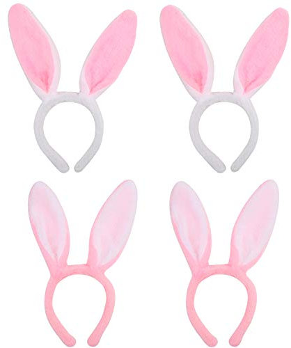 SULOLI 4pcs Oreilles de Lapin de Pâques,Bandeaux à Oreilles de Lapin en Peluche,Accessoires de Cheveux Oreilles de Lapin Décoration de Costumes de Fête de Pâques（Blanc et Rose）