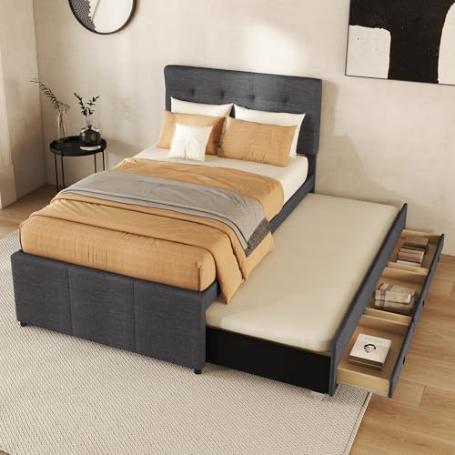 Merax Polsterbett 90 x 200 cm mit 3 Schubladen, Einzelbett Bettgestell mit ausziehbares Bett, Familienbett mit Lattenrost und Höhenverstellbarem Kopfteil, Leinenmaterial, ohne Matratze, Grau