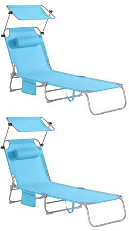 SoBuy 2-er Set Sonnenliege klappbar Gartenliege mit Sonnendach & Kopfkissen & Seitentasche Strandliege für Balkon 155x56x81cm für Gartenmöbel Terrasse Camping Himmelblau OGS48-Bx2