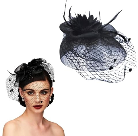 YanBous Eleganter Vintage Fascinator in Schwarz mit Schleier und Federn - 1950er Jahre Retro Pillbox-Hut für Hochzeiten, Teepartys und festliche Anlässe - Damen Kopfschmuck für elegante Auftritte