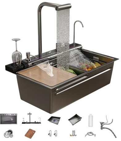 FVVJVV Dual Waterfall Kitchen Sink Modern Kitchen Sink Single Bowl Digital Smart Sink with Soap Dispenser Stainless Steel Sink with Pull-Out Faucet Workstation Sink with Honeycomb(29.5x18.1in)