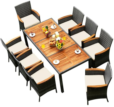 LIFEZEAL 9-TLG. Gartenmöbel Set, Sitzgruppe mit Gartenstuhl aus PE-Rattan mit Kissen & rechteckiger Tisch, Essgruppe Sitzgarnitur für 8 Personen, Loungemöbel Terrassenmöbel Set Outdoor