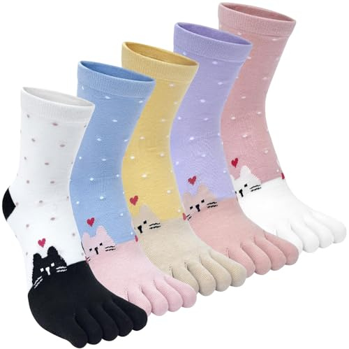 Kevaler Womens Toe Socks Cotton Five Finger Crew Socks Cute Cartoon Stripe Pattern Novelty Sports Socks Running Socks, UK 3-7, 5 Pairs