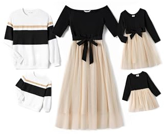 PATPAT Familien Outfit Set Langarm - Partnerlook Mutter Tochter Kleid Langarm T-Shirt & Mutter Kind Kleider Mama Tochter Kleidung für Herbst & Frühling, Schwarz, Damen: XL