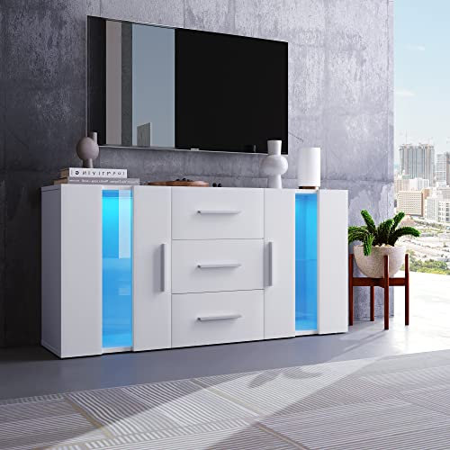 Merax TV-Schrank mit LED-Beleuchtung, Fernsehtisch, TV-ständer für Fernseher bis zu 55 Zoll, Lowboard mit 2 Türen, 3 Schubladen, Moderne Sideboard Buffetschrank, 140cm, für Wohnzimmer, Esszimmer, Weiß