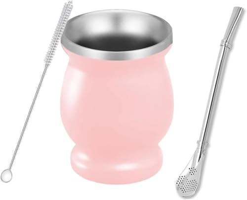 Ruikcoll Taza de té mate de doble pared de, Vaso Yerba mate de acero inoxidable con pajita de acero inoxidable y cepillo de limpieza, para café,mate, té de frutas(rosa)