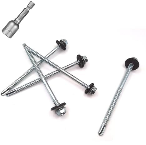 Pafnisoin 50 tornillos autorroscantes, 4,8 × 85 mm, color antracita con arandela de sellado de acero, tornillos trapezoidales para techos, tornillos autorroscantes con llave hexagonal