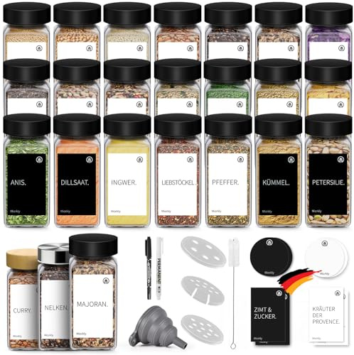 Miorkly Gewürzgläser Eckig Set mit Edelstahl Deckel Schwarz [24x 120ml] Gewürzdosen mit Streueinsatz - Hochwertige Gewürzstreuer, Gewürzbehälter, Gewürze Organizer [10,5cm x 4,3cm]
