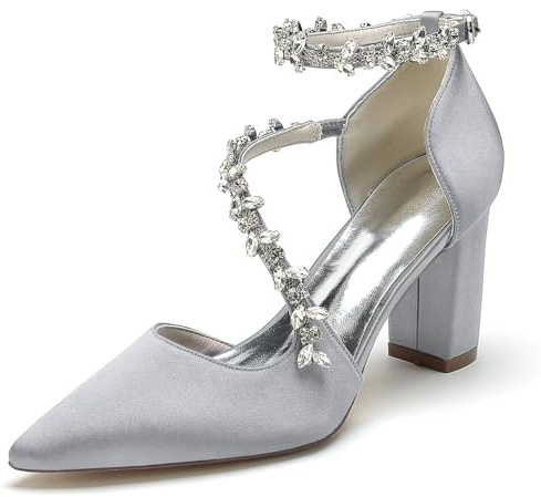 IvoireCh Dam satin brudpumpar - kristall utsmyckade blockklack bröllopsskor, 7,6 cm tjocka klackar med stängd spetsig tå för brud, bal och cocktailpartyn, SILVER, 37 EU