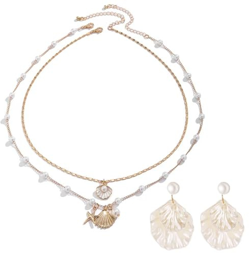 AINIUNIU Collar y Pendientes de Vieira con Cadena Conchas Oro, Bisutería Forma de Estrella de Mar y Concha, Drapeado de Playa de Verano para Mujeres