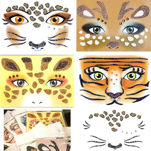 HaploS 4PCS Gesichtstattoo Leopard, Deer, Giraffe Glitzer Aufkleber, Tiger | Tier Glitter Gesichtstattoo Temporäre, Face Art Sticker für Motto-Party, Fasching, damit Sie sich von der Masse abheben