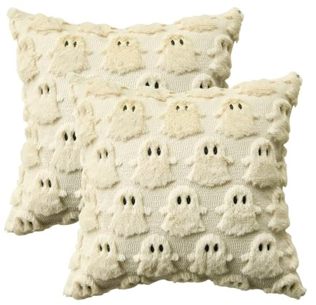 Artoid Mode Lot2 Housses Coussin Halloween Beige Fourrure Fantômes 50x50cm