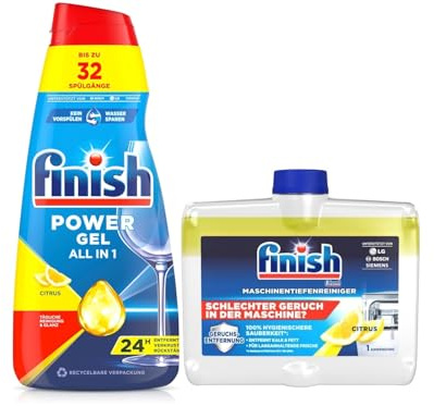 Finish Power Gel Citrus 650 ml, Maschinenpfleger 2-Phasen Citrus 250 ml – Kraftvolle Reinigung und Schutz für Ihre Spülmaschine, beseitigt Fett & Kalk für strahlende Sauberkeit und frischen Zitrusduft