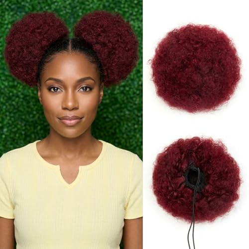 ISHEENY Pferdeschwanz Haarteil Echthaar Afro-Puff Tunnelzug Pferdeschwanz Kurzes Lockige Haar Chignon Haar Bun mit Clips