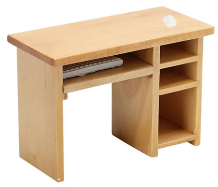 Dollhouse Computer Desk 1:12 Scale Wooden Dollhouse Table Vintage Miniature Computer Desk with Mouse & Keyboard Model Mini Wood Table for Home Decor
