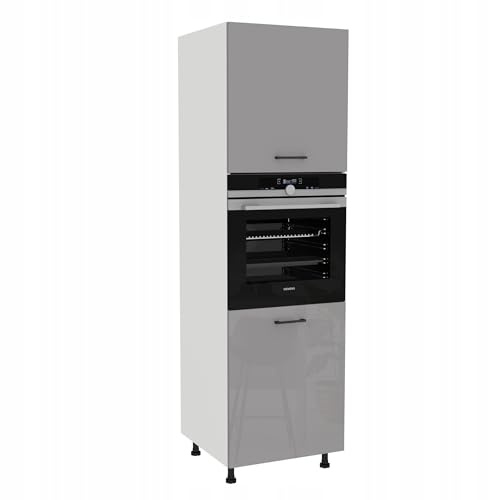 Laclar Capri Hochschrank Einbauherd Grau-Acryl Hochglanz/Weiß - Einbauschrank 60x197x58 cm - 2 Einlegeböden - Soft-Close Scharniere - schwarzer Griff 128 mm - höhenverstellbare Füße - Selbstmontage