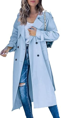 EFOFEI Donne Trench Lungo con Cintura Spolverino Trench Soprabito con Cintura e Tasche Azzurro Cielo S