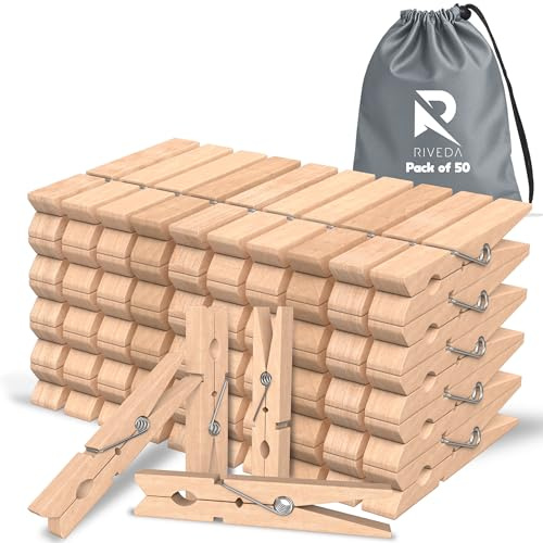 RIVEDA 50pcs Wooden Clothes Pins with Storage Bag, 2.9 Inch Natural Wood Clothespins, Strong Grip Laundry Clips for Clothesline, Hanging Clothes, Crafts & Home Use
