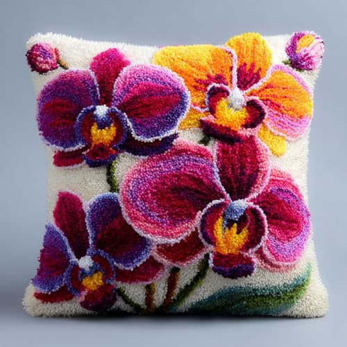 Henypt Kit Crochet De Verrouillage Tapis Diy Broderie, Fleurs d'orchidées violettes 3D Loquet Crochet Complet Housse De Coussin,Kit Fabrication Taie D'Oreiller Coussins Tapis,43X43Cm