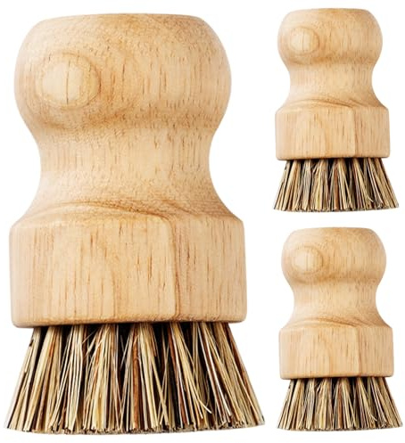 3Pcs Bamboo Dish Brush, Round Mini Dish Scrub Brush with Comfort Handle, Natural Reliable Scrubber Cleaning Kit for Cleaning Pots, Pans and Vegetables