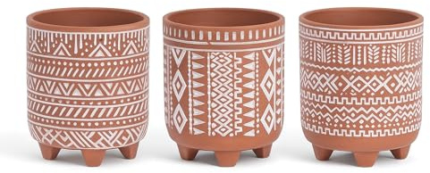 Muddy Hands Set of 3 Terracotta Aztec Planters - Decorative Ceramic Plant Pots with White Geometric Pattern, Raised Feet - Indoor Boho Style Planters for Home & Office Decor